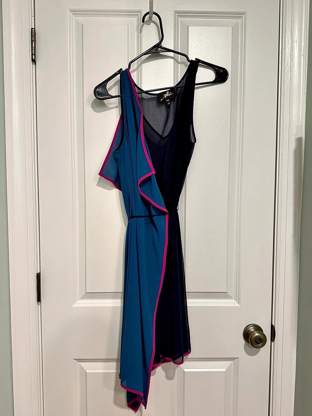 Akiko Asymmetrical Chiffon Dress Navy Teal Pink M Made in USA